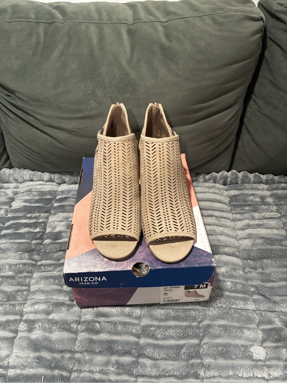Arizona Jean Company Taupe Perforated Peep-Toe Booties